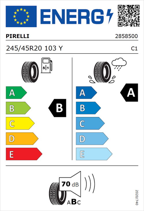 Tyre Label for Pirelli Cinturato P7 BLUE 245/45R20 103Y