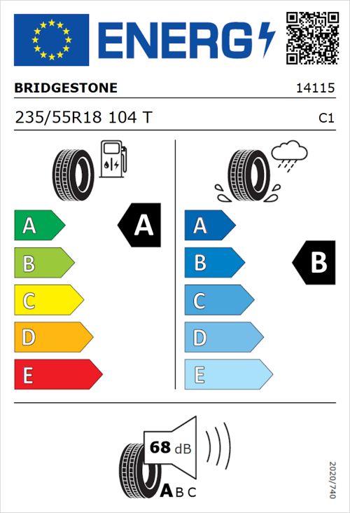 Tyre Label for Bridgestone Turanza T005 235/55R18 104T