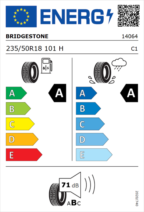 Tyre Label for Bridgestone Turanza T005 235/50R18 101H