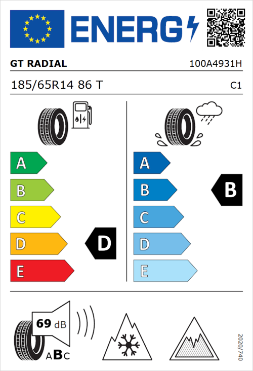 Tyre Label for GT Radial WinterPro 2 Evo SUV 185/65R14 86T