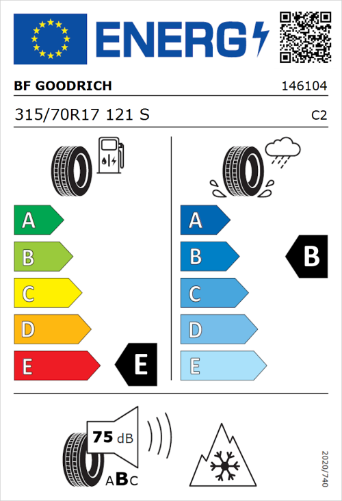 Tyre Label for BF Goodrich All-Terrain T/A KO2 RBL 315/70R17 121S